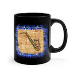 Vintage Blue Burlap - Alto Sax - 11oz Black Mug