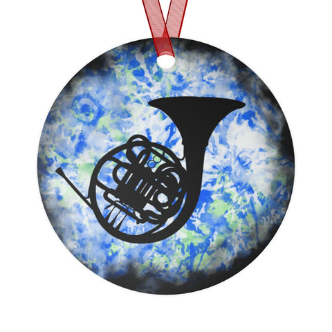 Vintage Blue White Tie Dye - French Horn - Metal Ornament
